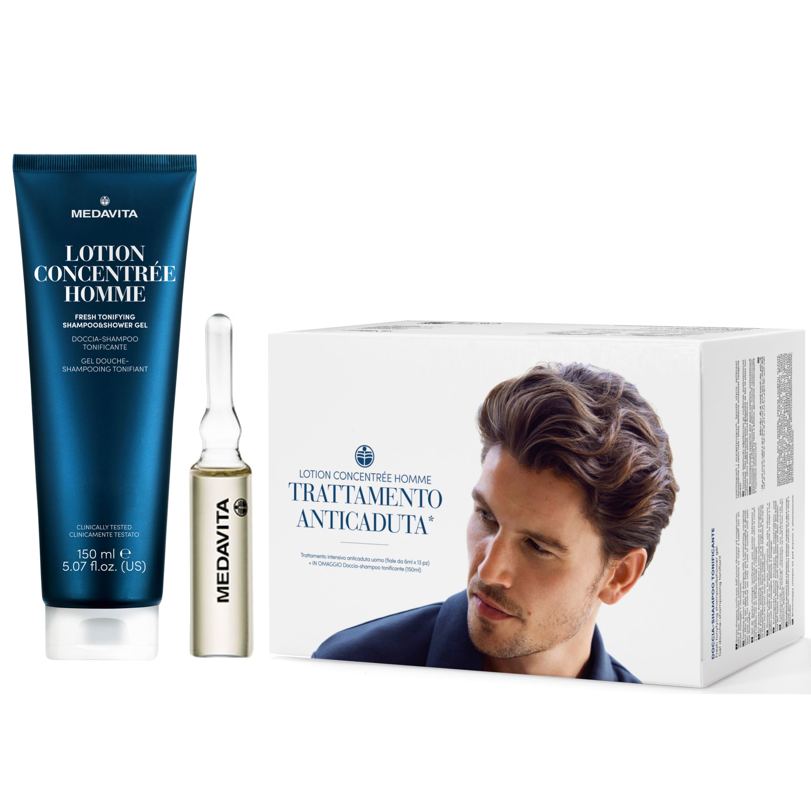 Набір проти випадіння волосся у чоловіків / Medavita Lotion Concentrée Homme (ампули + шампунь)